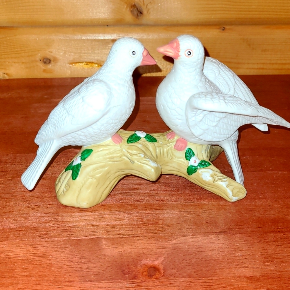 Vintage PR Lovebirds Doves Sea Gulls or Pigeons on Driftwood Branch with Flowers